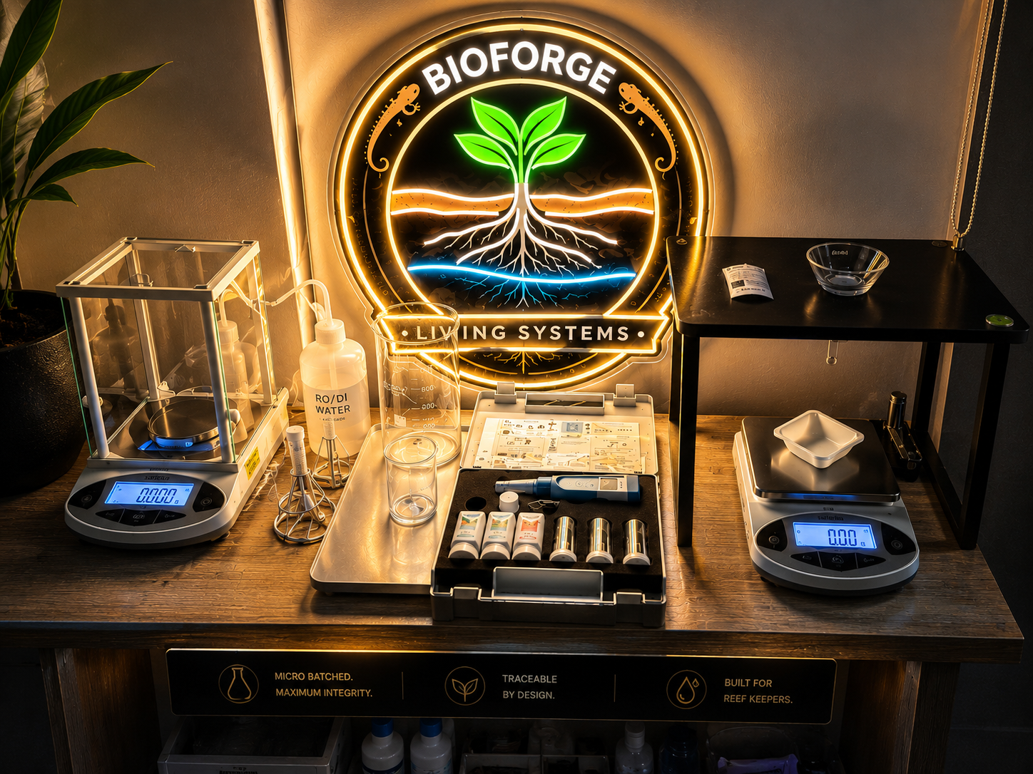BioForge production bench in Hialeah, calibrated balances, aluminum pouches, and batch chemistry in progress