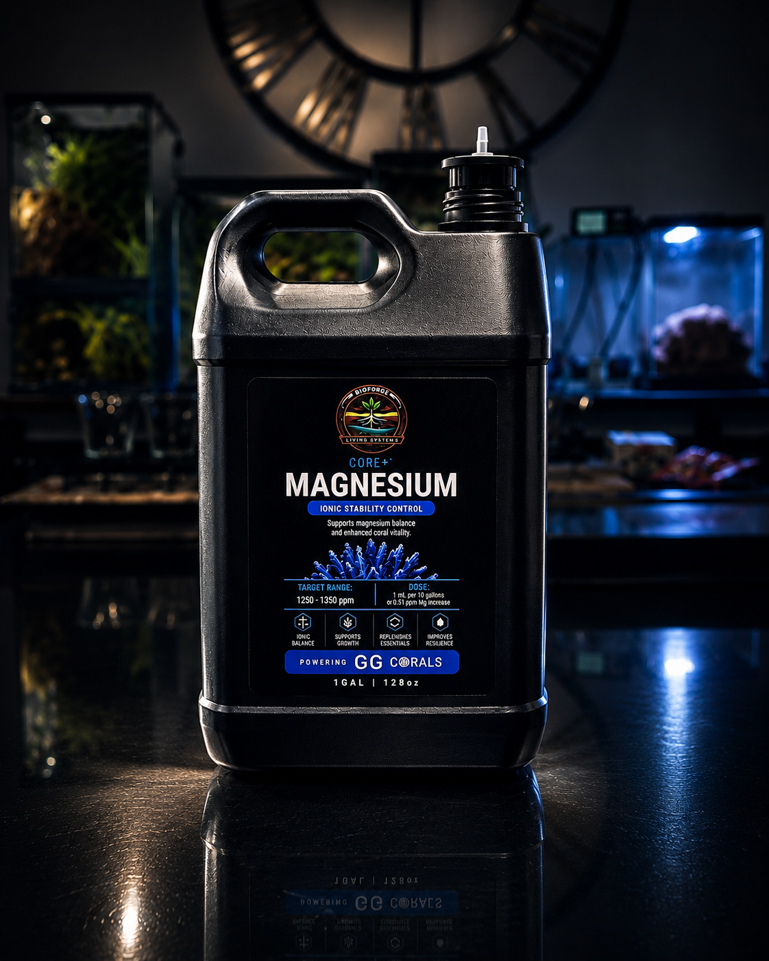 BioForge Core+ Magnesium 4L gallon container — premium HDPE jug with integrated dosing barb