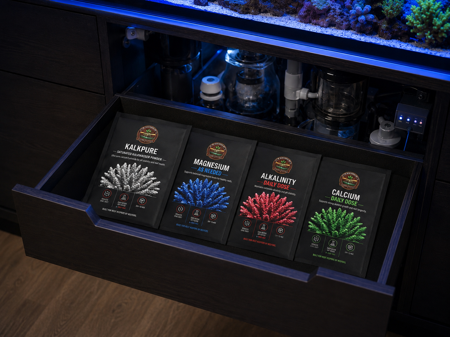 BioForge Core+ full product chain, chemistry pouches, mixed 1L bottles, and dosing cabinet connected to peristaltic pumps