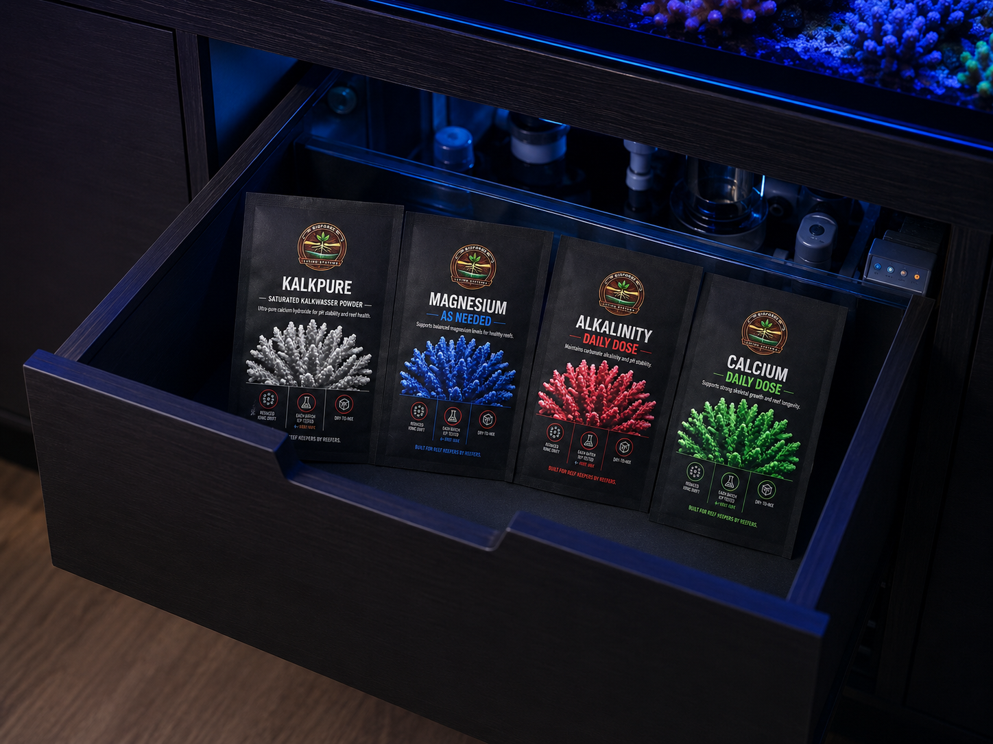 BioForge Core+ Kalkpure, Magnesium, Alkalinity, and Calcium pouches stored neatly in a reef cabinet drawer