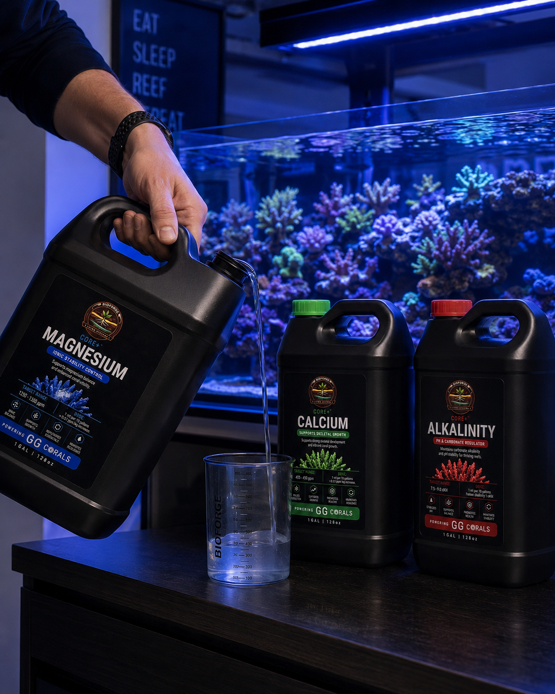 BioForge Core+ Magnesium 4L jug being poured into mixing beaker in front of a thriving reef tank