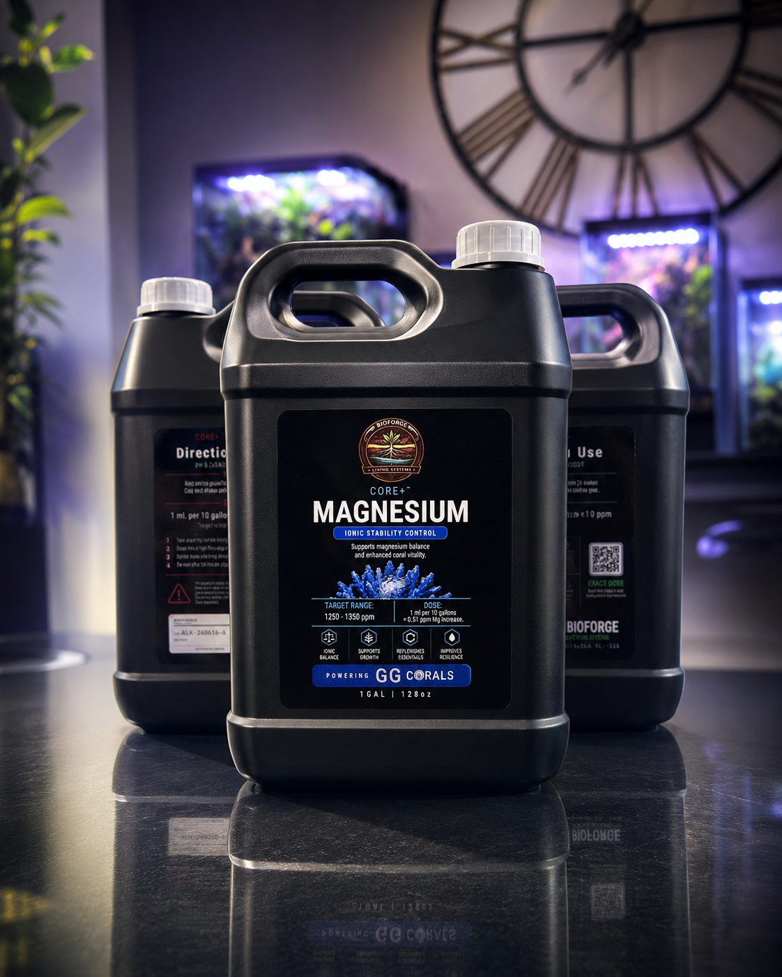 BioForge 4L bulk container system, three 4-liter jugs of Alkalinity, Calcium, and Magnesium
