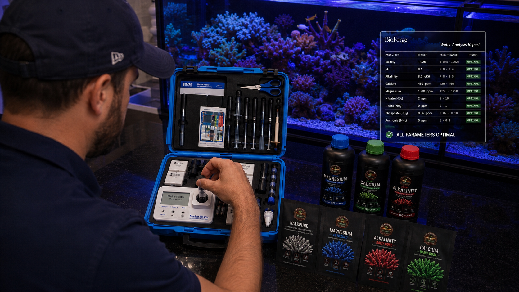 Hanna Marine Master hi97115c showing real-time reef water test results. ALK, Mg, Ca, pH all in target range