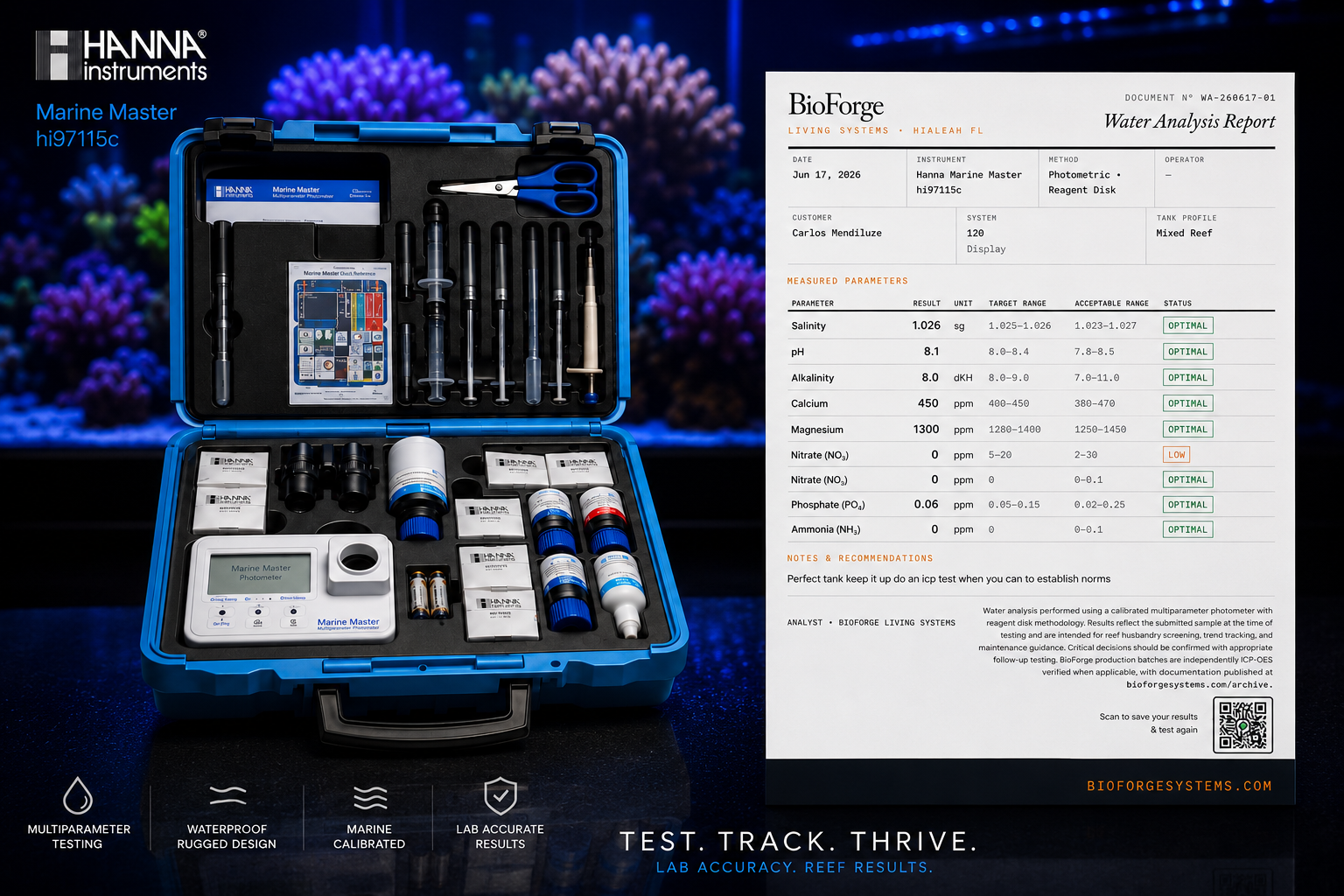 BioForge Water Analysis Report. Hanna Marine Master test results showing all parameters optimal