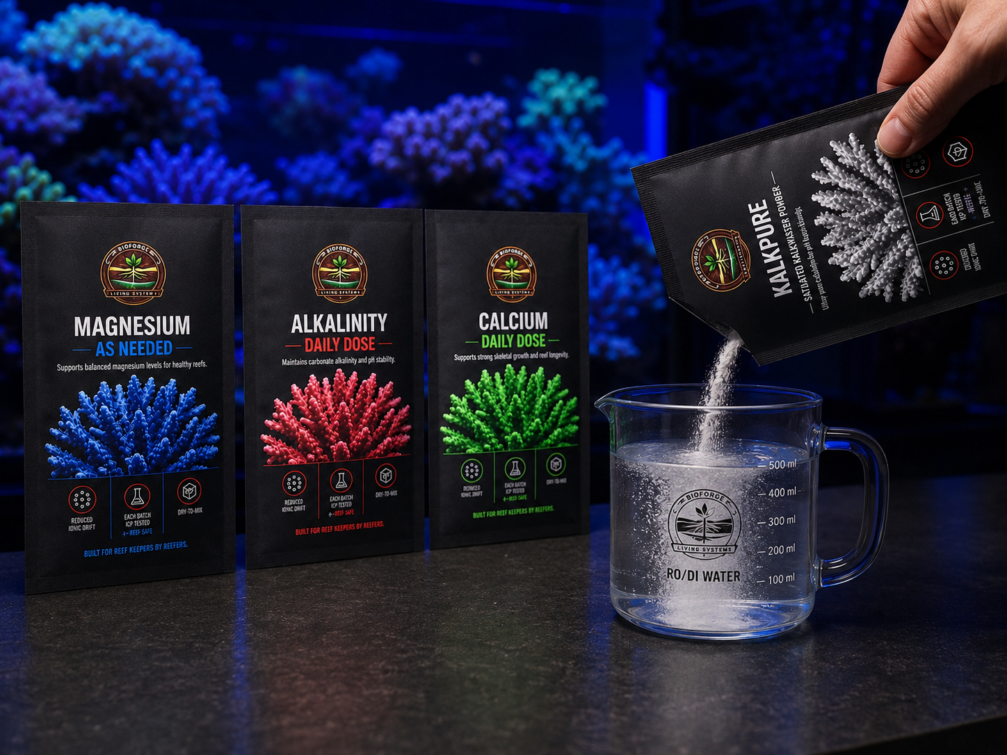BioForge Core+. Kalkpure powder pouring into RO/DI water