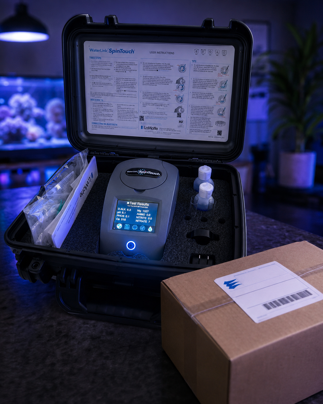 WaterLink SpinTouch multiparameter analyzer showing reef water test results alongside a BioForge shipment