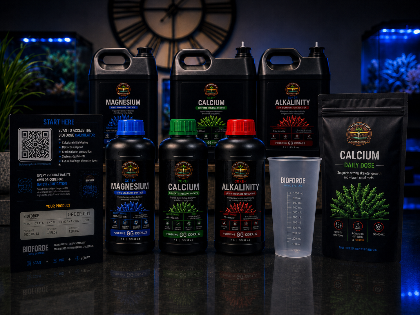 BioForge Core+ Starter Kit, custom black box with three branded chemistry bottles in red, green, and blue, three daily-dose packets, a 1L graduated beaker, and a dosing adapter